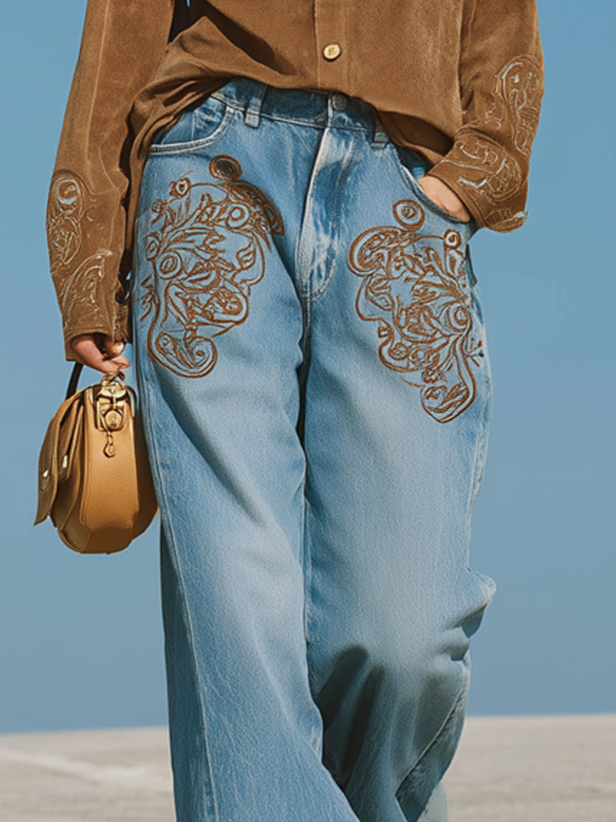 Western Retro Ethnic Embroidery Blue Wide-Leg Jeans