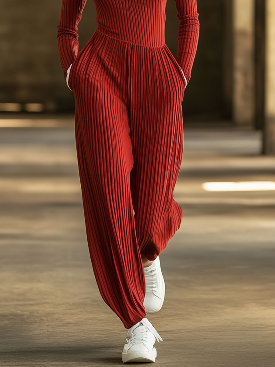 Fashionable Red Knitted White Striped Long-Sleeved Sports Jumpsuit