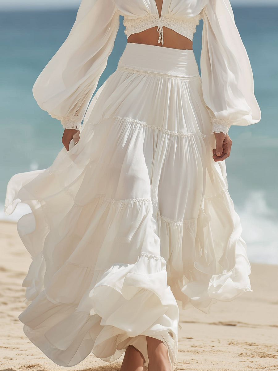 Bohemian Vacation Style Off-white V-neck Top And Ruffled Skirt Set
