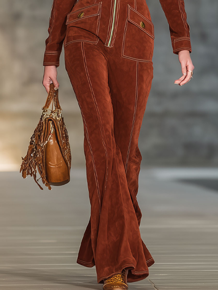 Fashionable And Casual Reddish-Brown Eco-Friendly Suede Lapel Long-Sleeved Jumpsuit