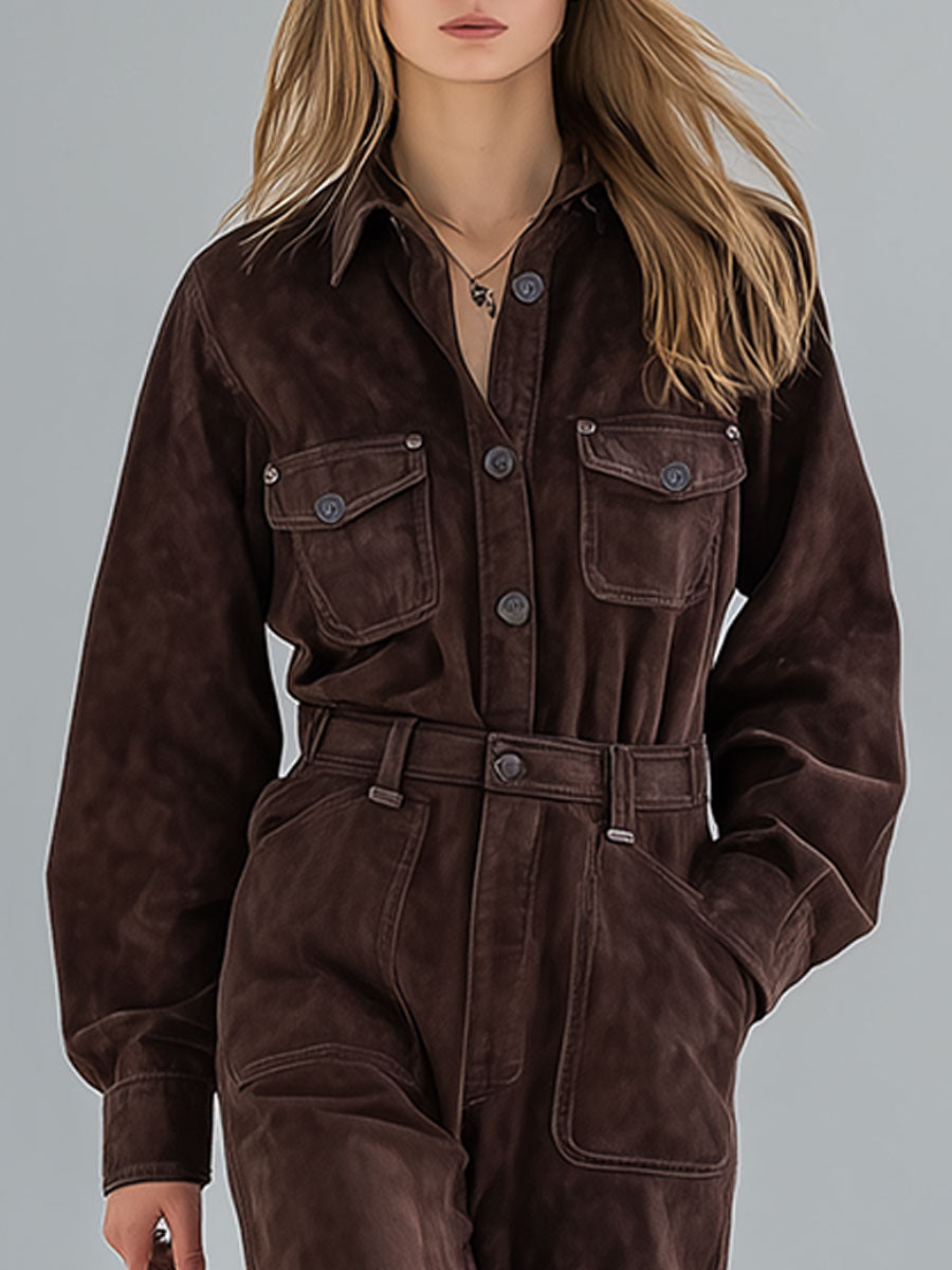 Fashion Retro Brown Faux Suede Button Jumpsuit