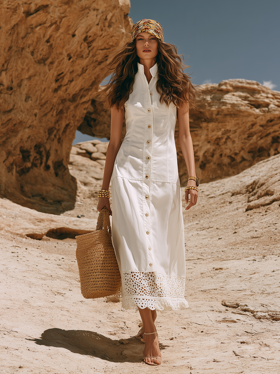 Casual And Resort-style White Cotton Lace Hem Sleeveless Maxi Dress