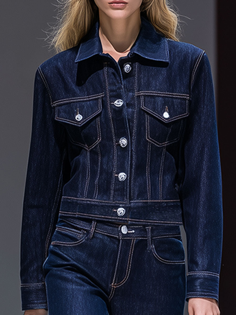 Retro Fashion Temperament Denim Long Sleeve Pocket Denim Suit