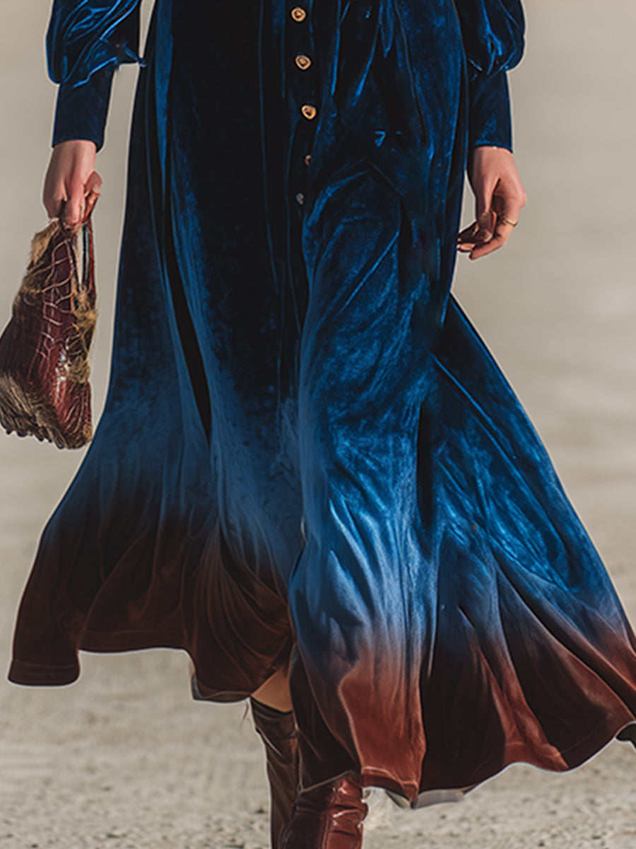 Vintage Western Royal Blue Gradient Brown Velvet Maxi Dress