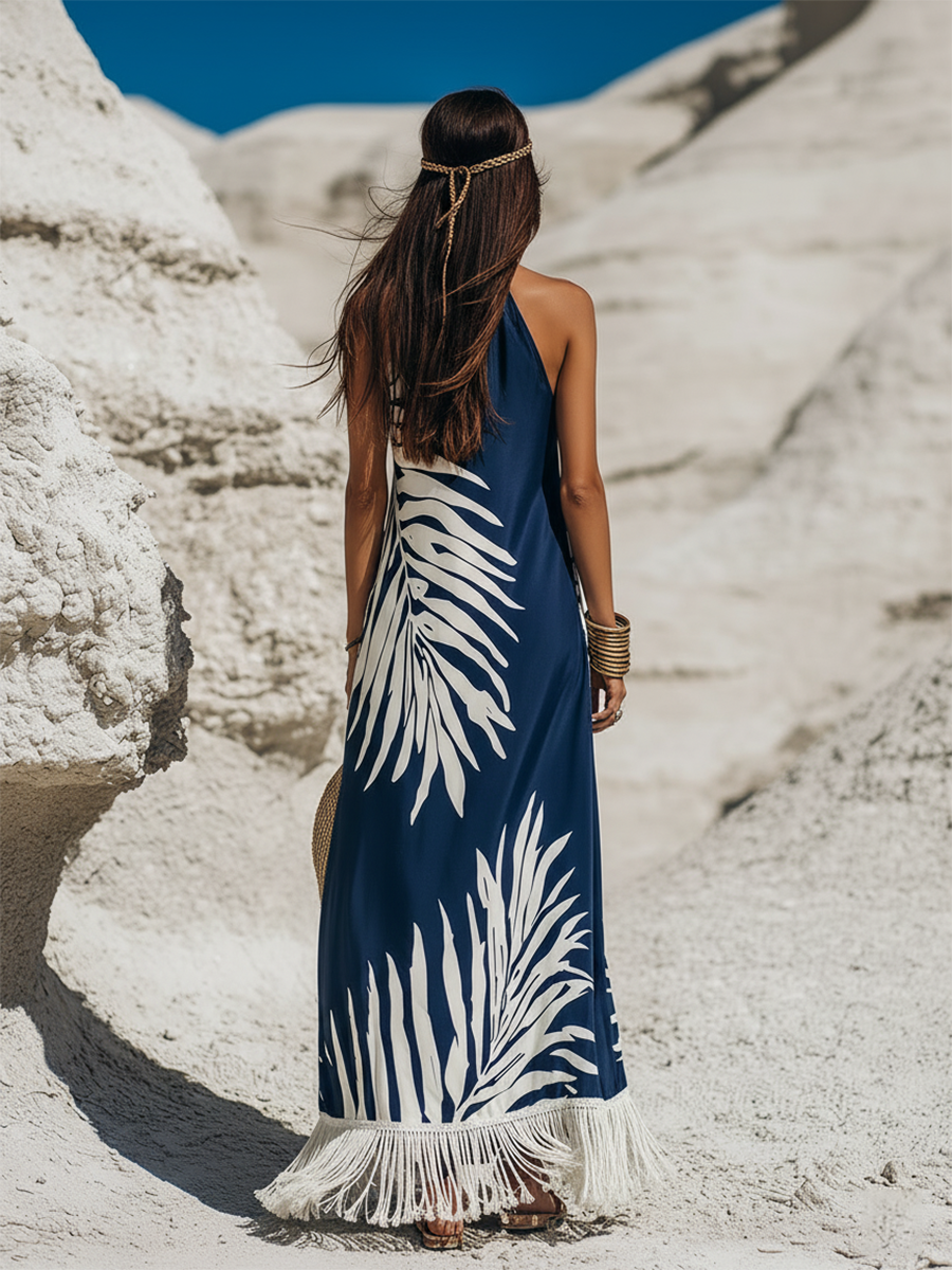 Bohemian Braided Neckline White Print White Fringed Hem Dark Blue Satin Maxi Dress