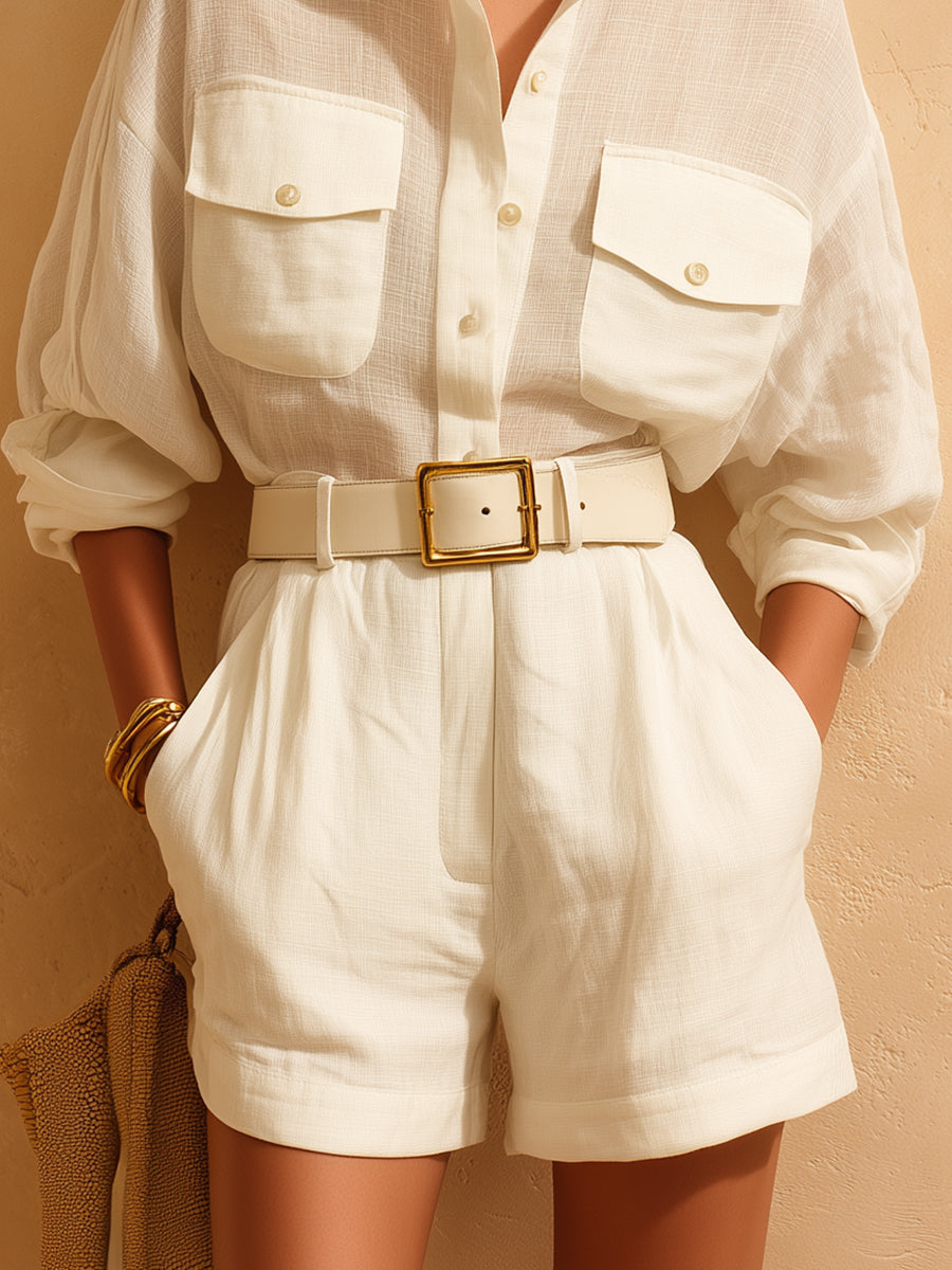 Mediterranean Minimalist Style White Cotton And Linen Loose Shirt And Shorts Set