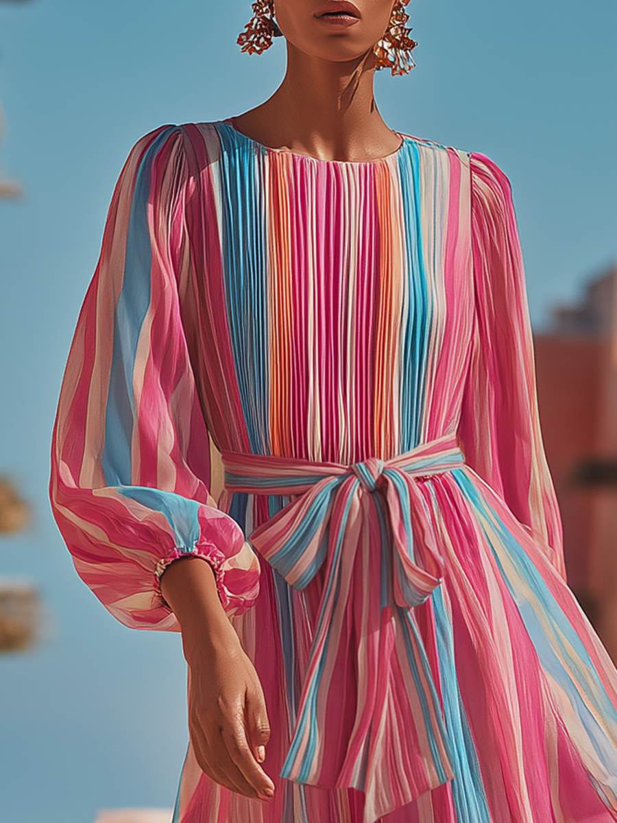 Elegant Bohemian Striped Print Chiffon Maxi Dress