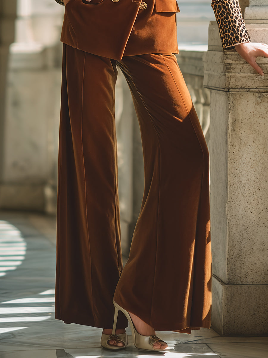 Fashionable Leopard Print Patchwork Orange Velvet Suit Wide-leg Floor-length Pants Suit