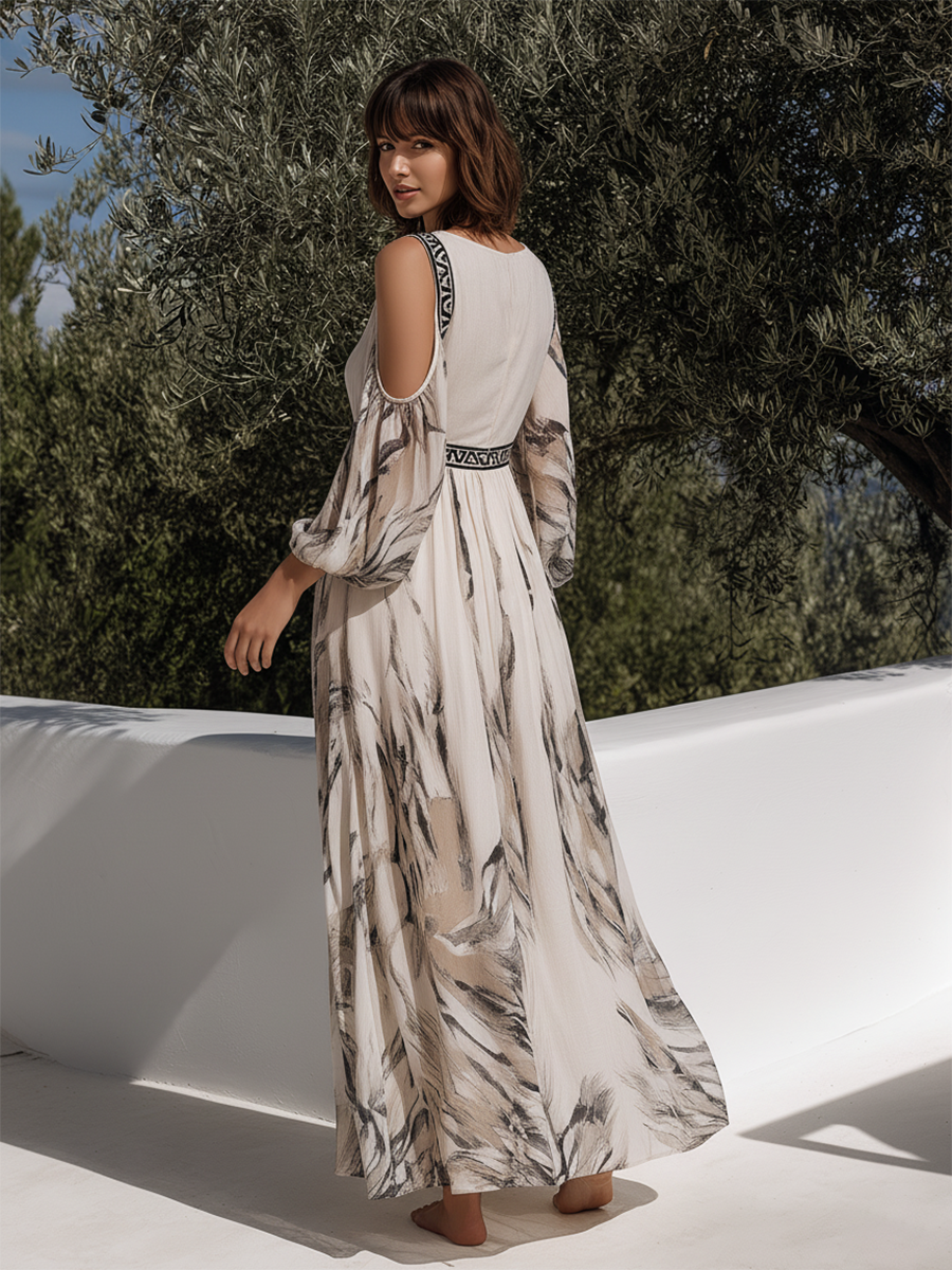 Stylish Vacation Off-the-shoulder Long-sleeved Printed Chiffon Maxi Dress