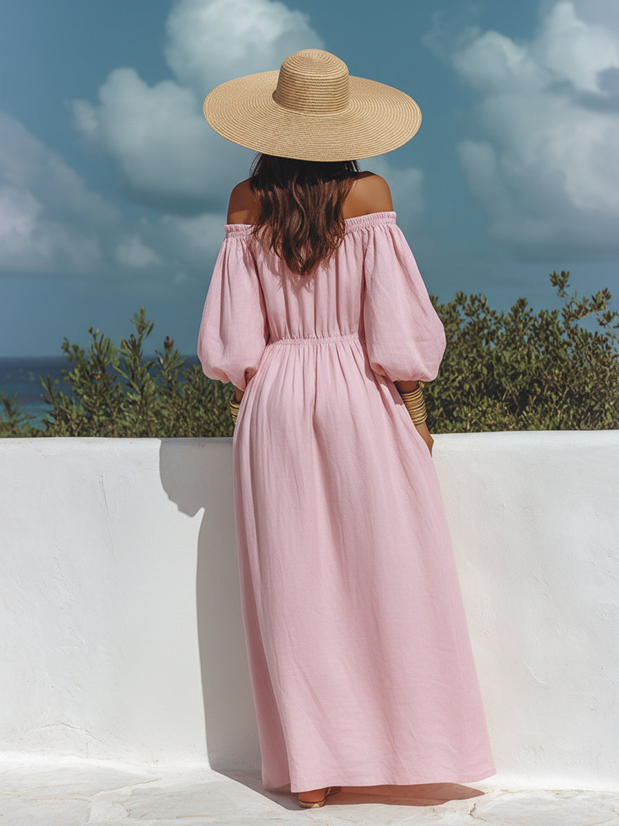 Loose-fitting Bohemian Off-the-shoulder Embroidered Pink Cotton Maxi Dress