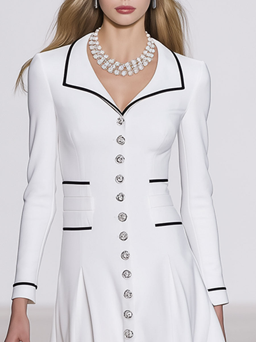 Elegant And Luxurious White Lapel Contrast Dress