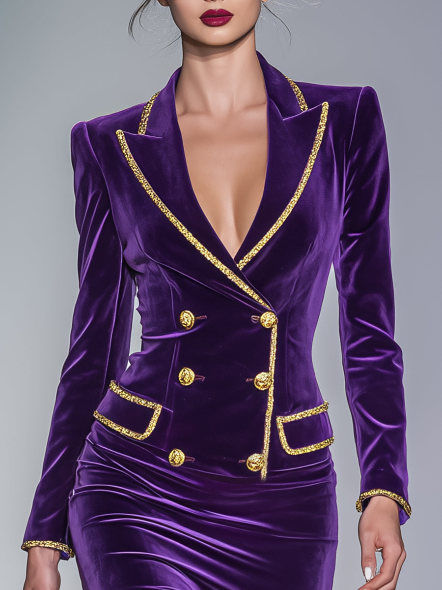 Gorgeous And Noble Gold-trimmed Double-breasted Purple Velvet Long-sleeved Midi Dress