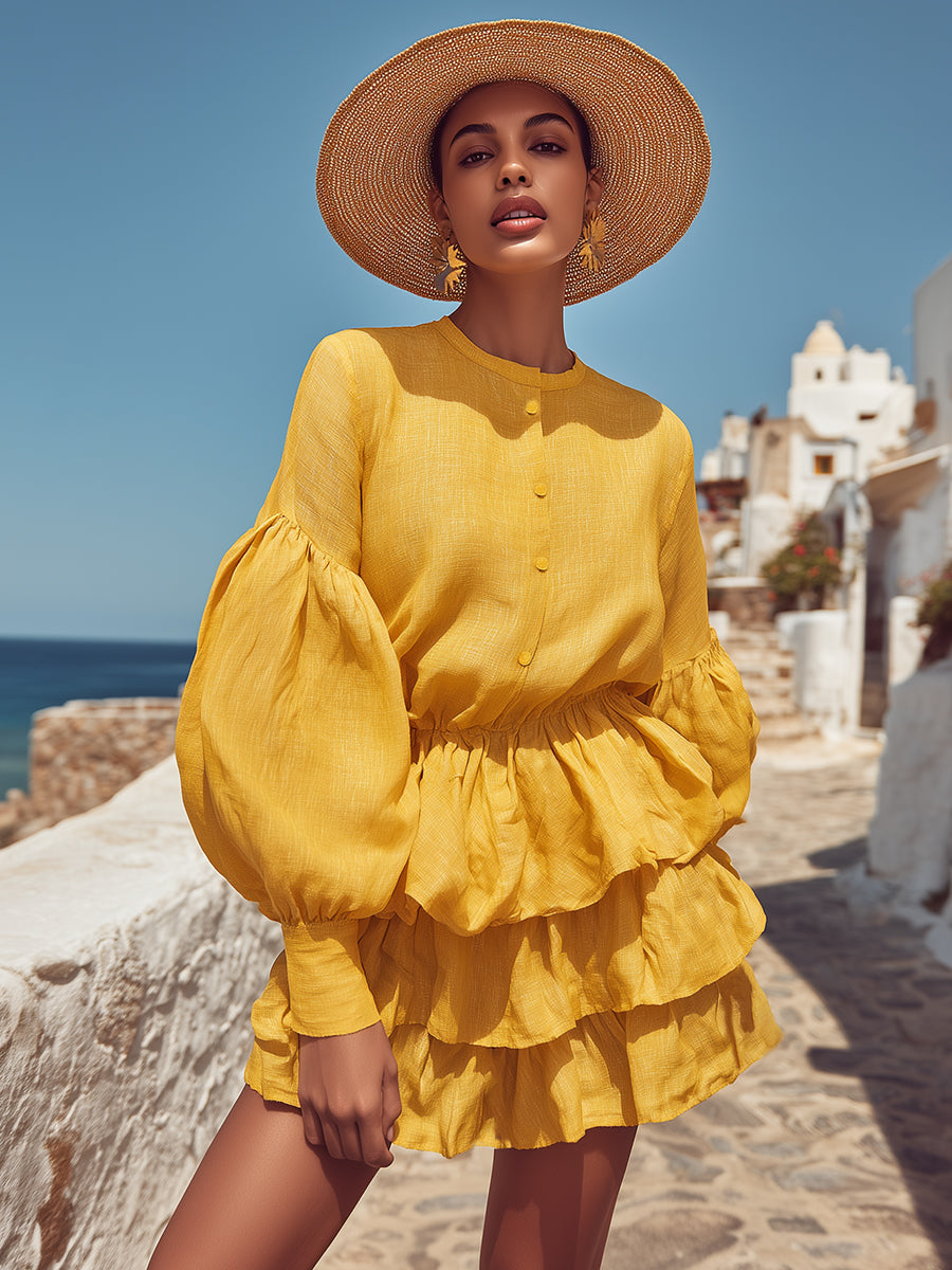 Vacation Casual Pale Yellow Cotton Linen Round Neck Ruffled Mini Dress