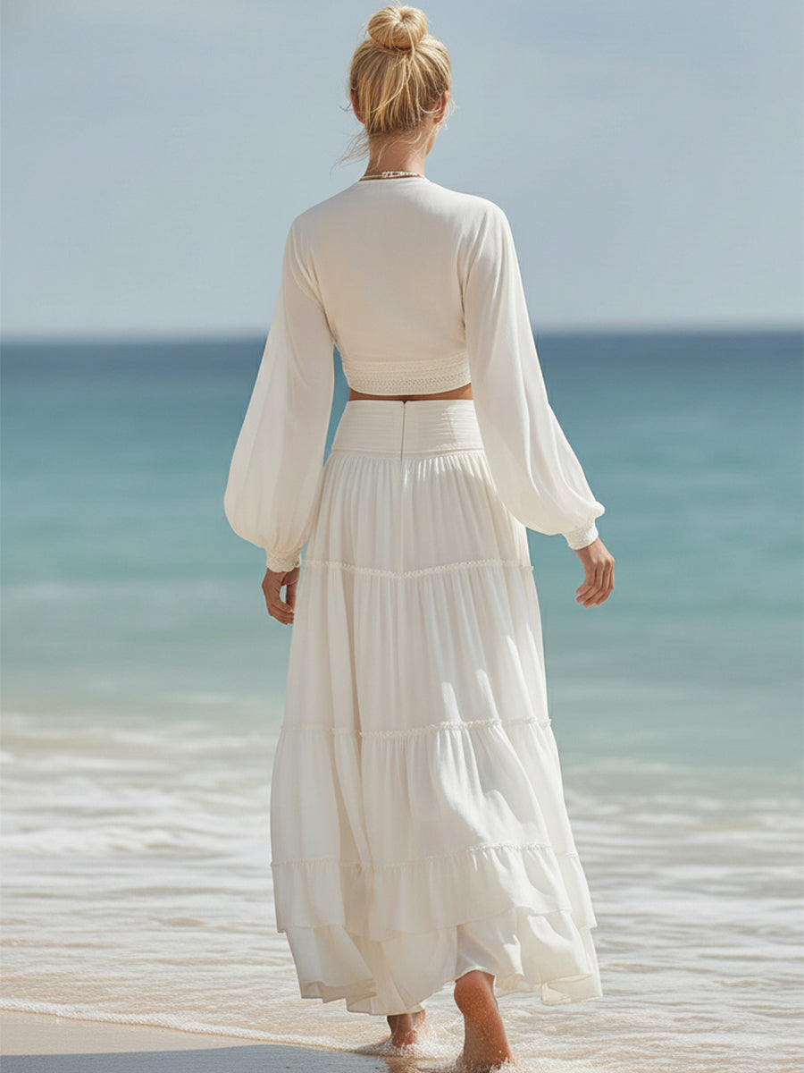 Bohemian Vacation Style Off-white V-neck Top And Ruffled Skirt Set