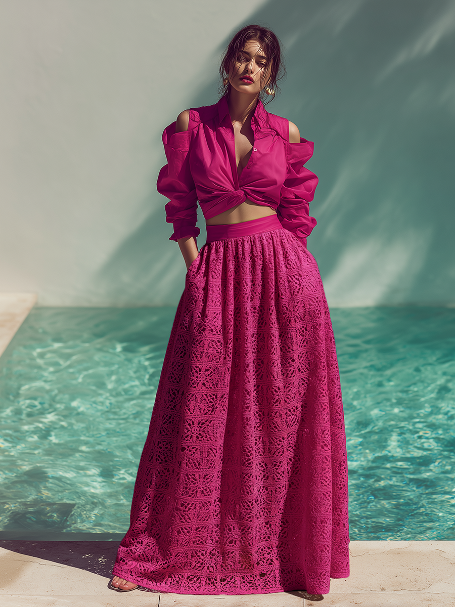 Romantic Vacation Off-Shoulder Twisted Shirt And Cotton Lace Skirt Set