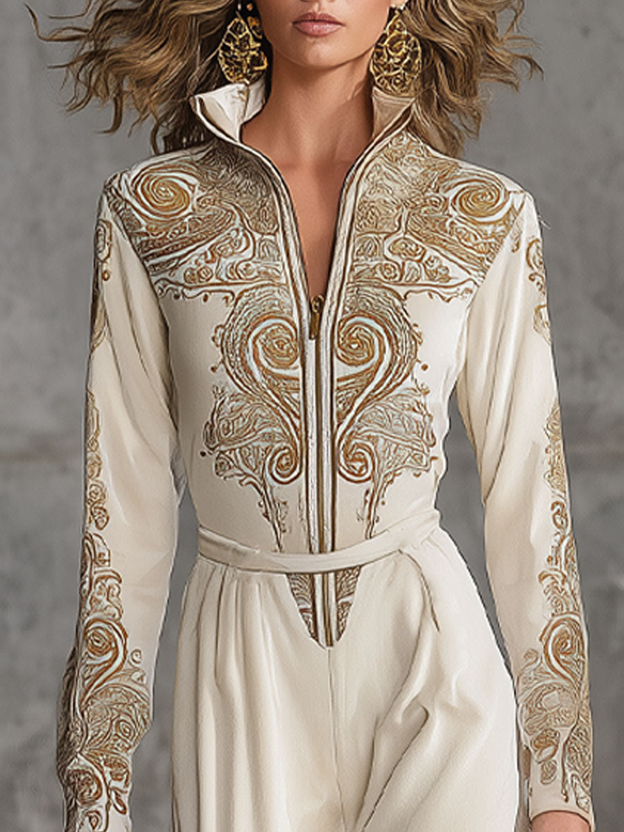 Fashionable And Casual Creamy White Faux Suede Printed Long-Sleeved Lapel Jumpsuit