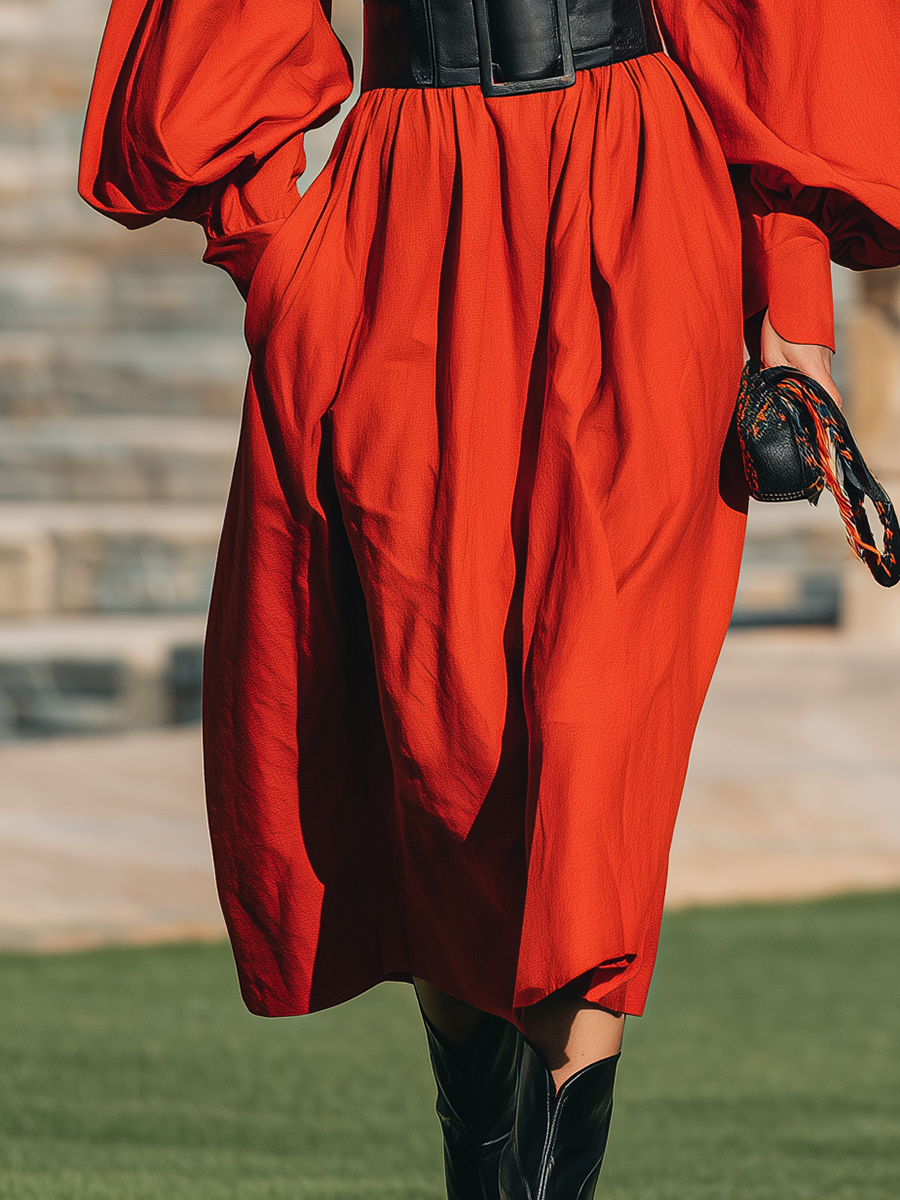 Cotton Resort-style Red Long-sleeved Midi Dress