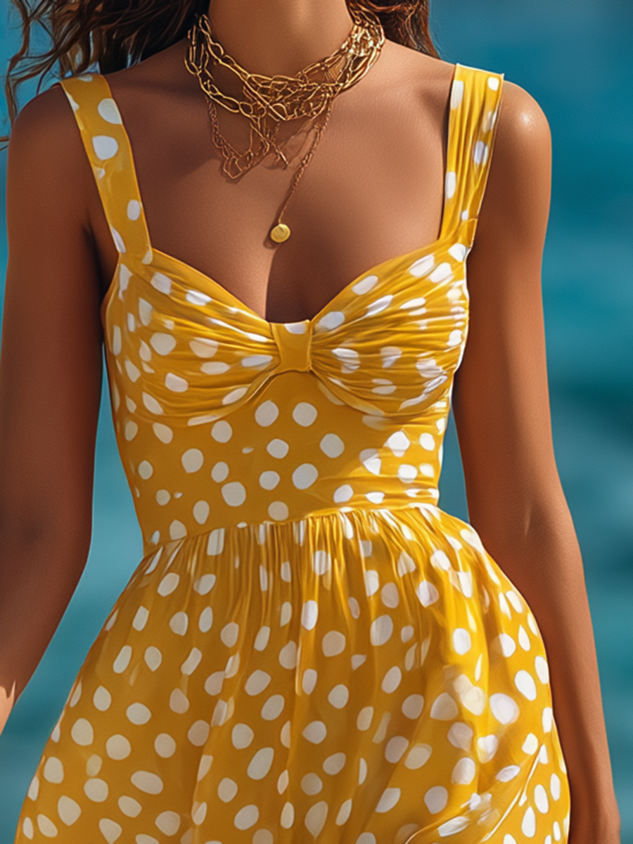 Yellow  Vacation-style Chiffon Polka Dot Maxi Dress