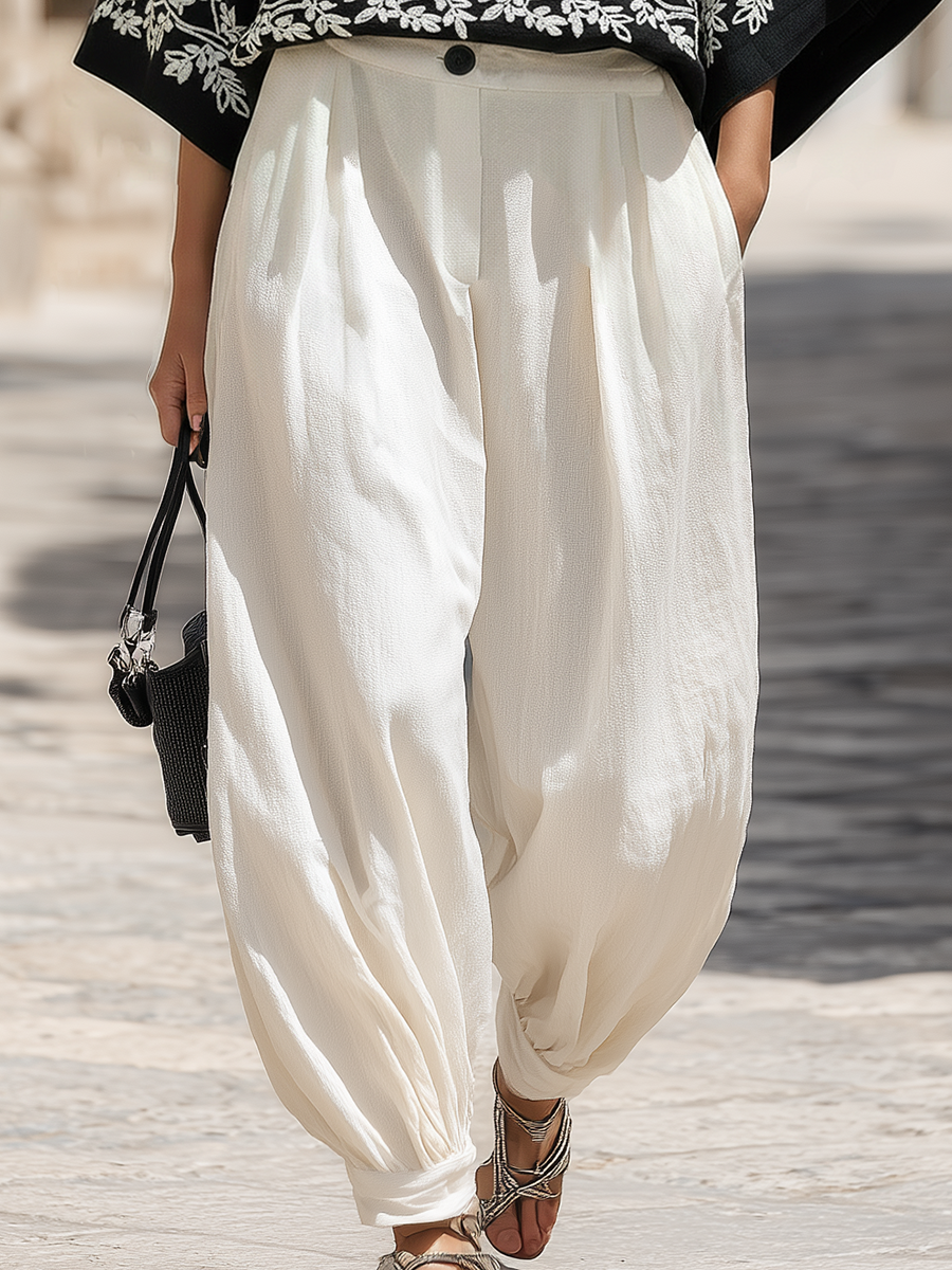 Bohemian-style Black Embroidered Top And White Trousers Set