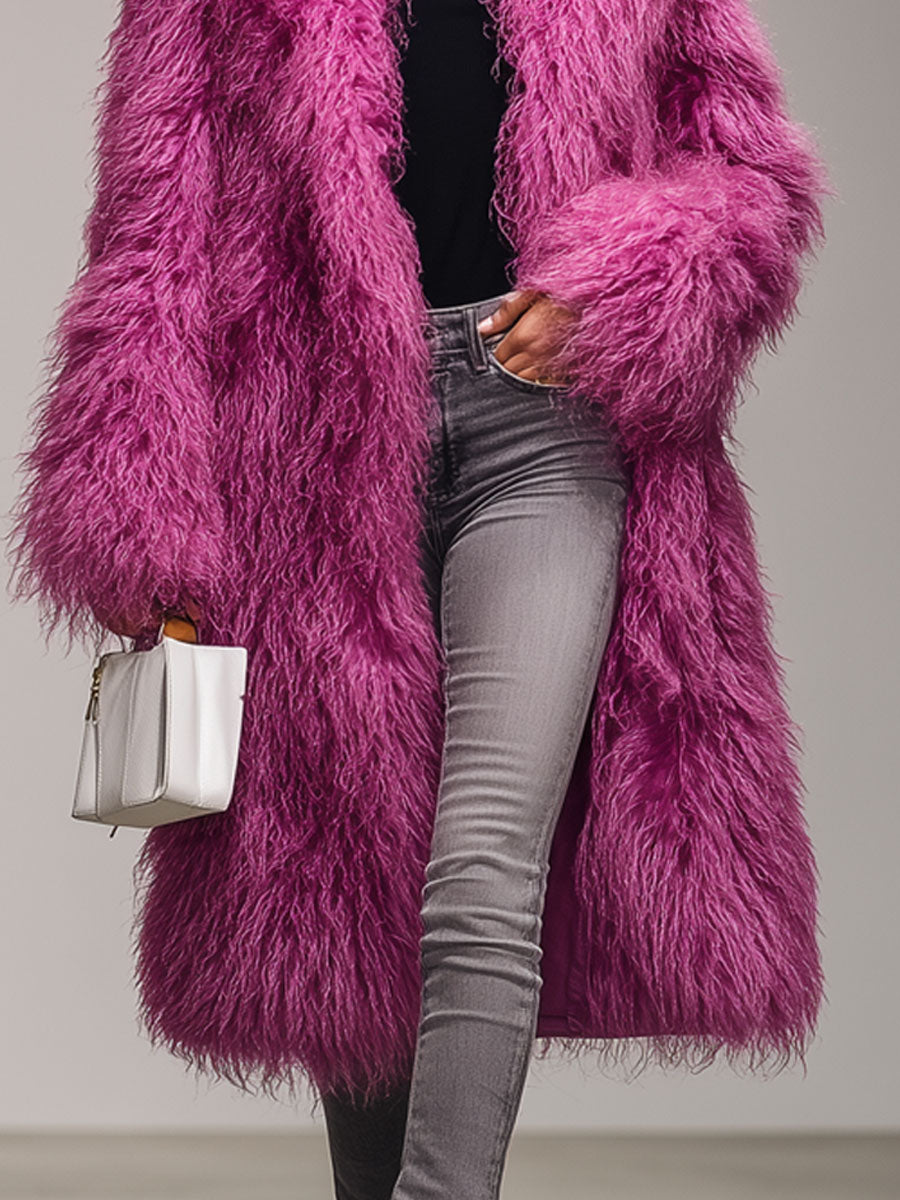 Dragon Fruit Colored Lapel Warm Eco-friendly Fur Coat
