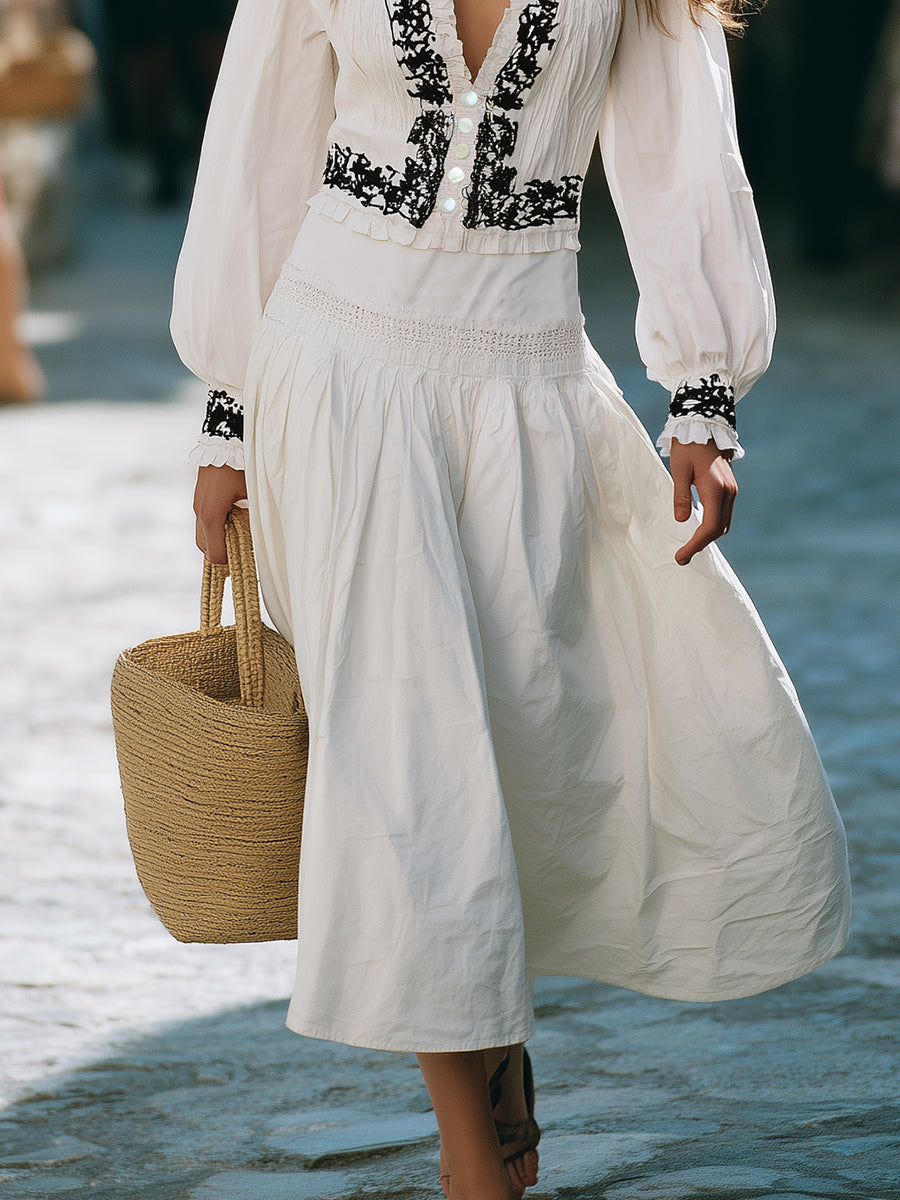 Romantic Bohemian Style Black Embroidered Top With Ruffled Neckline And Matching Skirt Set