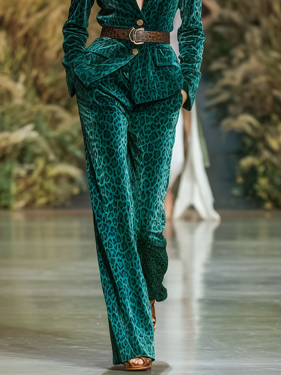 Vintage Lace-Up Green Velvet Leopard Print Blazer Straight Pants Set