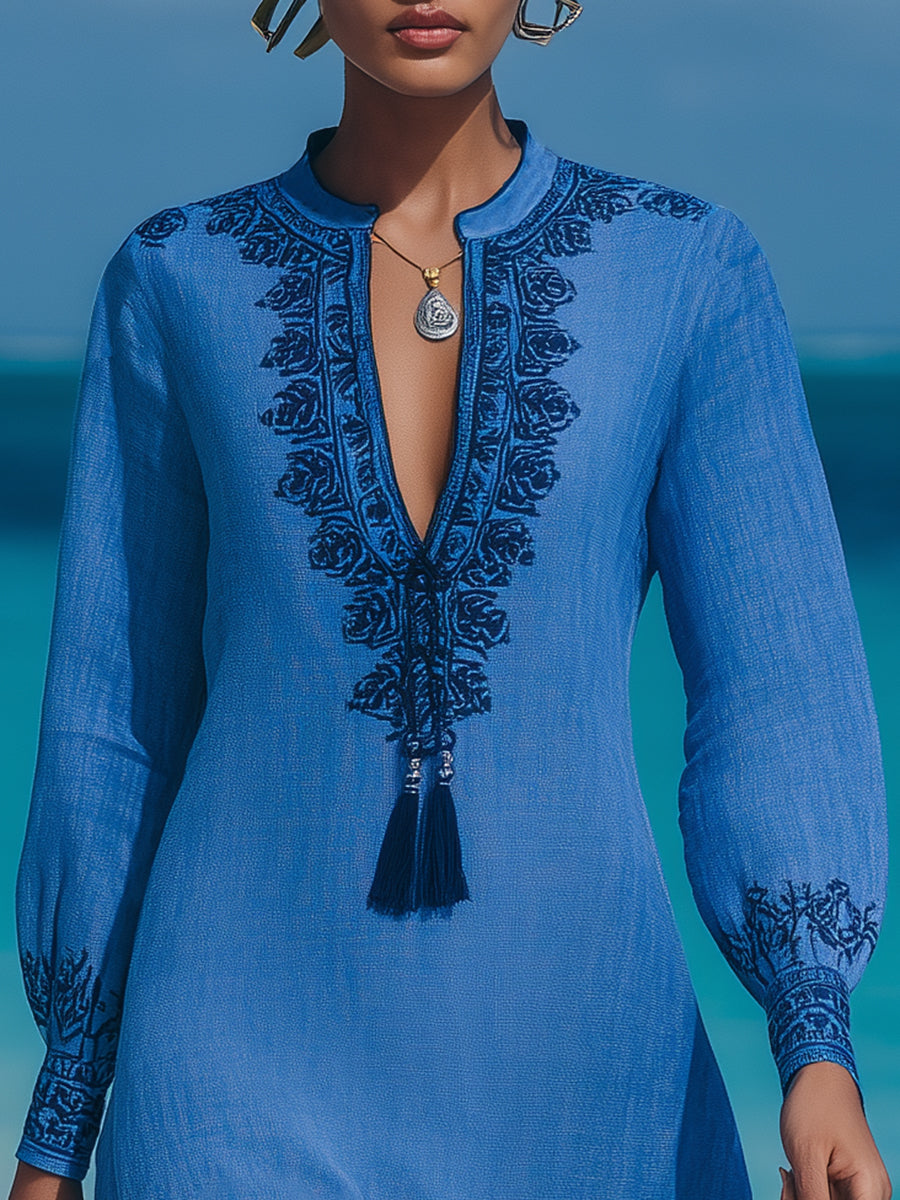Resort-style V-neck Navy Blue Embroidered Cotton Linen Mini Dress