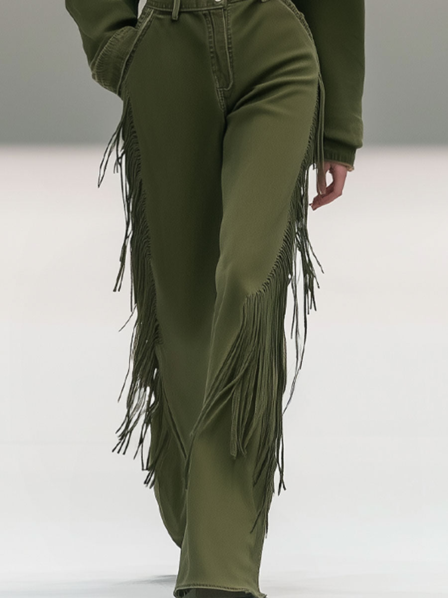 Fashion Retro Olive Green Washed Denim Lapel Tassel Jumpsuit