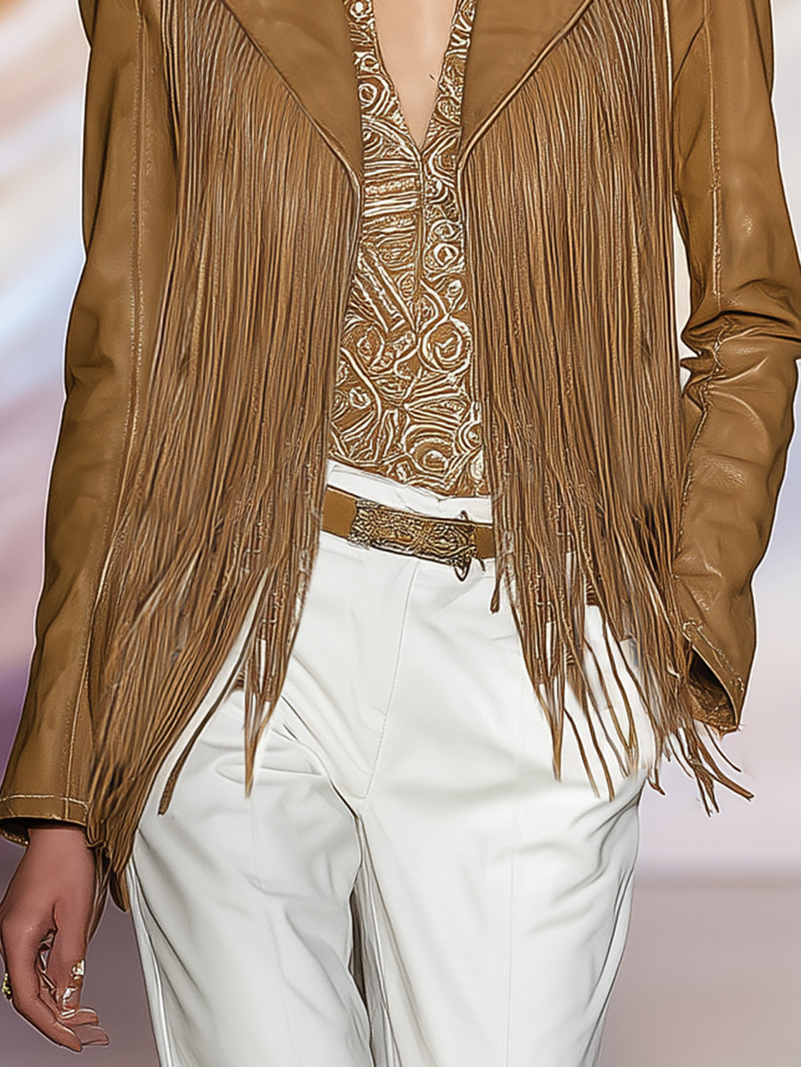 Vintage Western Light Brown Faux Leather Tassel Jacket