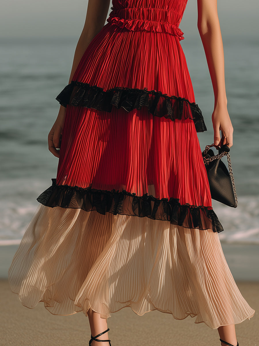 Fashion Party Red And Black And Beige Color Block Pleated Chiffon Spaghetti Strap Midi Dress