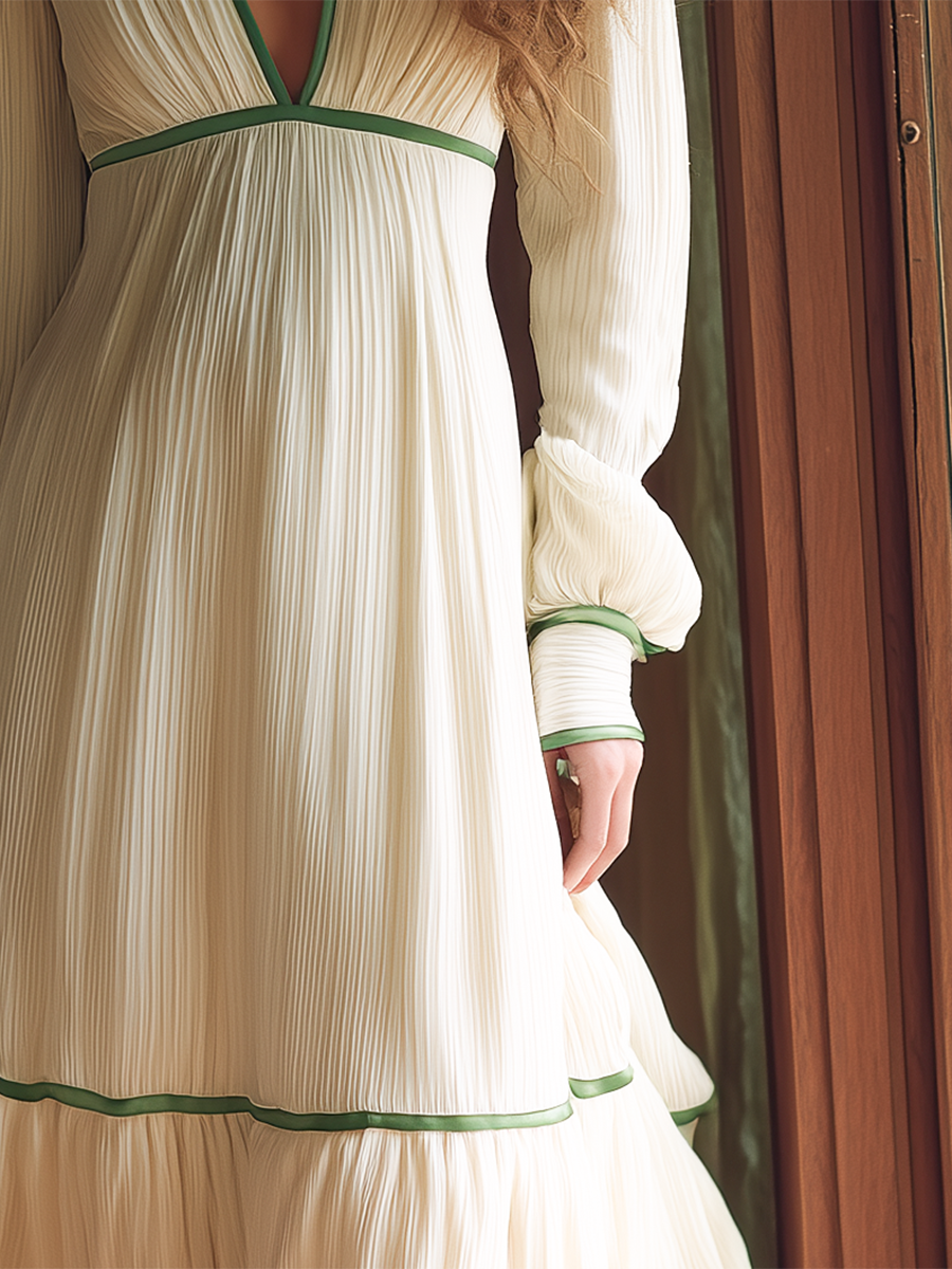 White Bohemian Style V-neck Cotton Crinkle Fabric Long-sleeved Maxi Dress