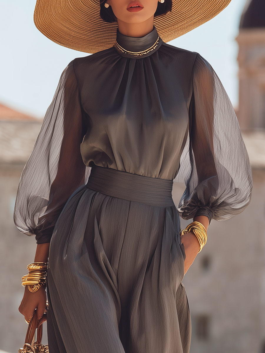 Elegant And Sophisticated Dark Gray Satin Top With Transparent Sleeves And Matching Tapered Trousers Set