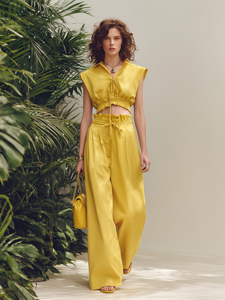 Vacation-style Cotton Yellow V-neck Top And Trousers Set