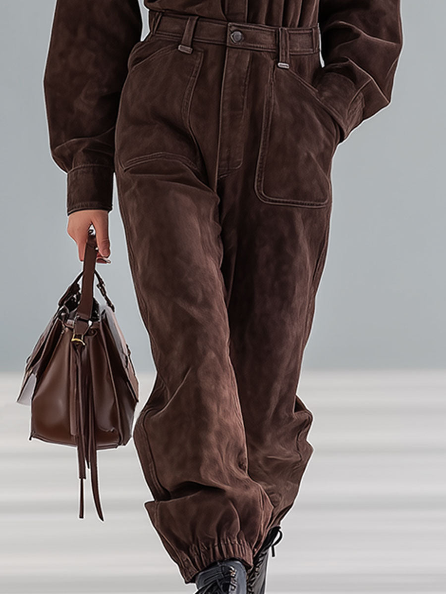 Fashion Retro Brown Faux Suede Button Jumpsuit