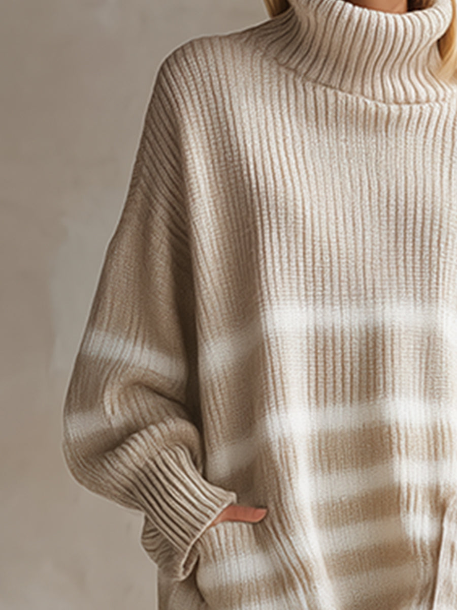 Casual Loose Turtleneck Apricot Striped Knit Mini Dress