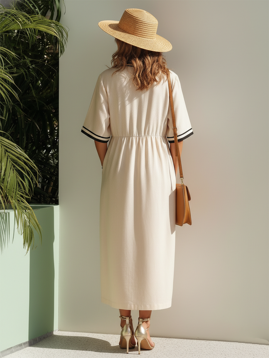 Resort-style Beige V-neck Short-sleeved Maxi Dress
