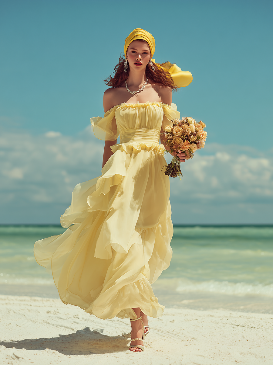 Vacation-style Chiffon Off-the-shoulder Short-sleeved Maxi Dress