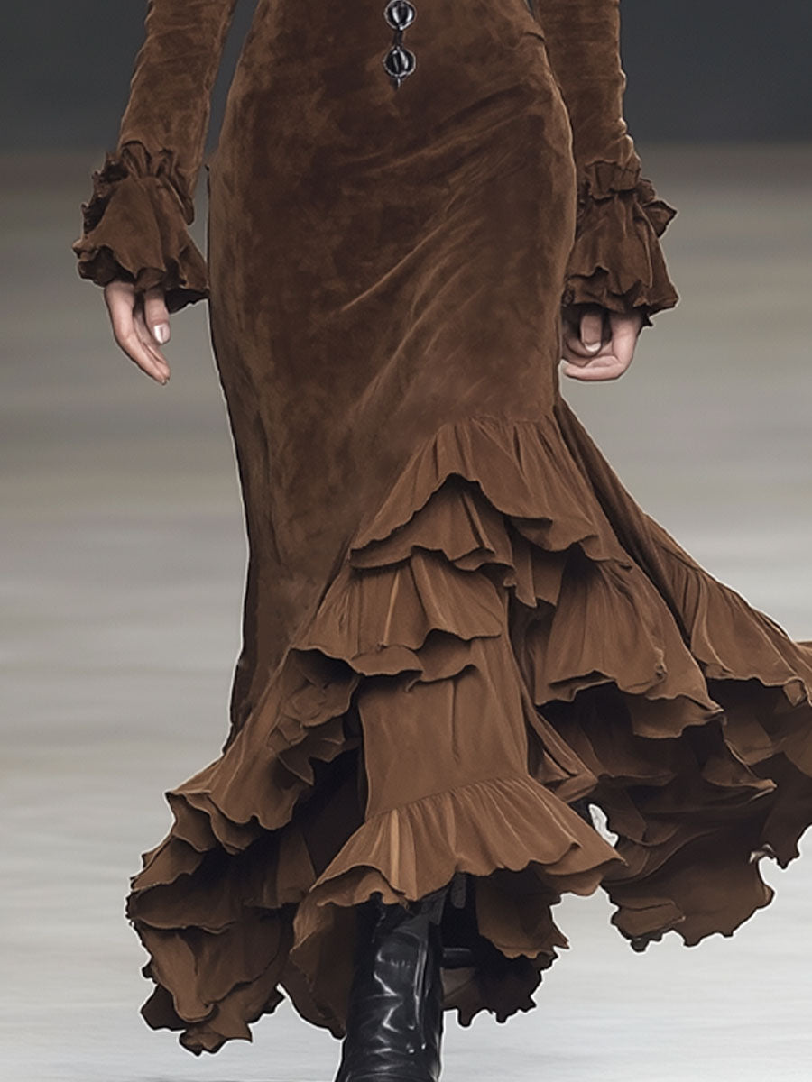 Vintage Cocoa Brown Suede V-Neck Long Sleeve Ruffle Maxi Dress