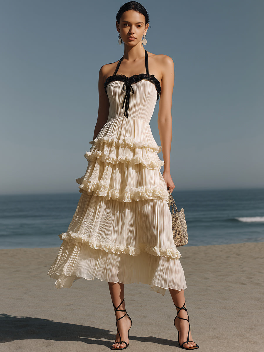 French Romantic Style Off-white Pleated Chiffon Halter Neck Ruffle Midi Dress