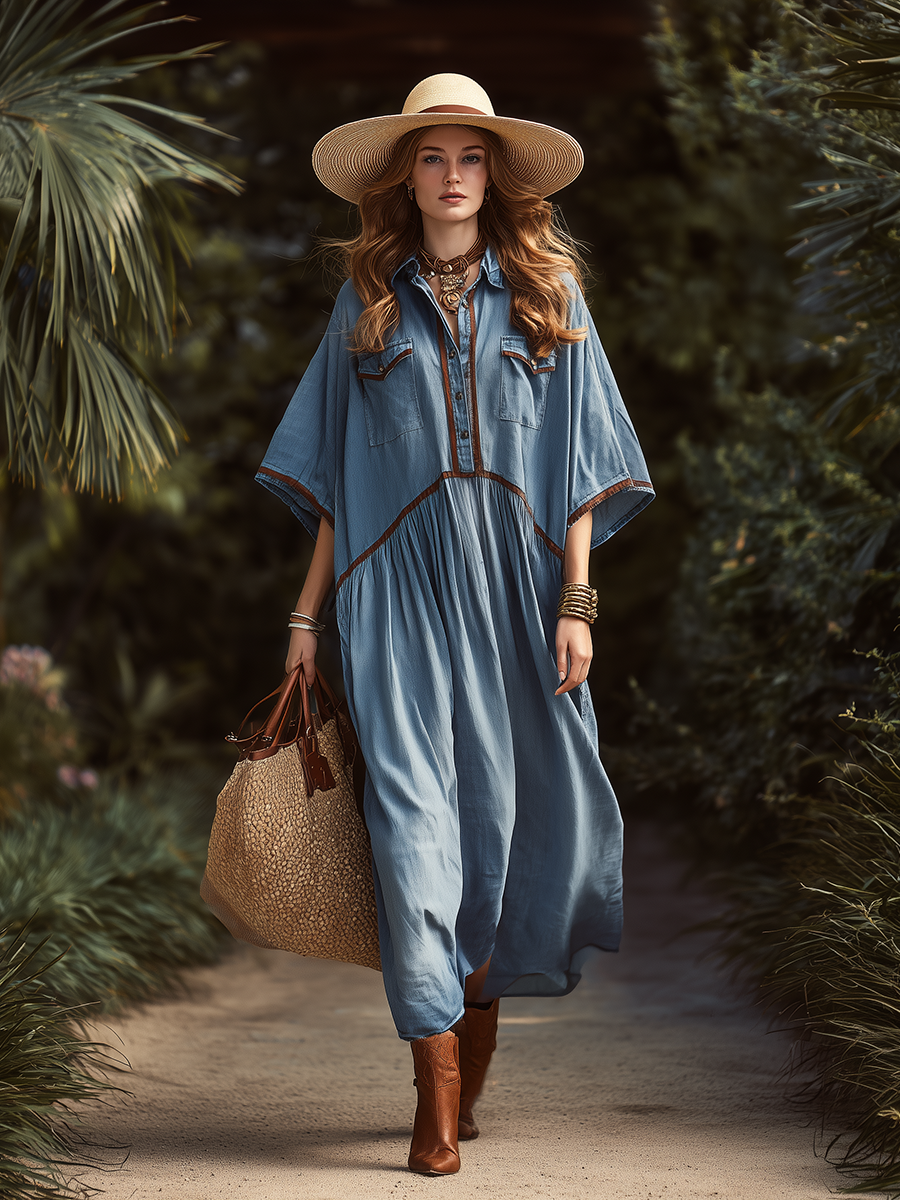 Casual Vacation Brown Woven Strap Short-sleeved Denim Maxi Dress