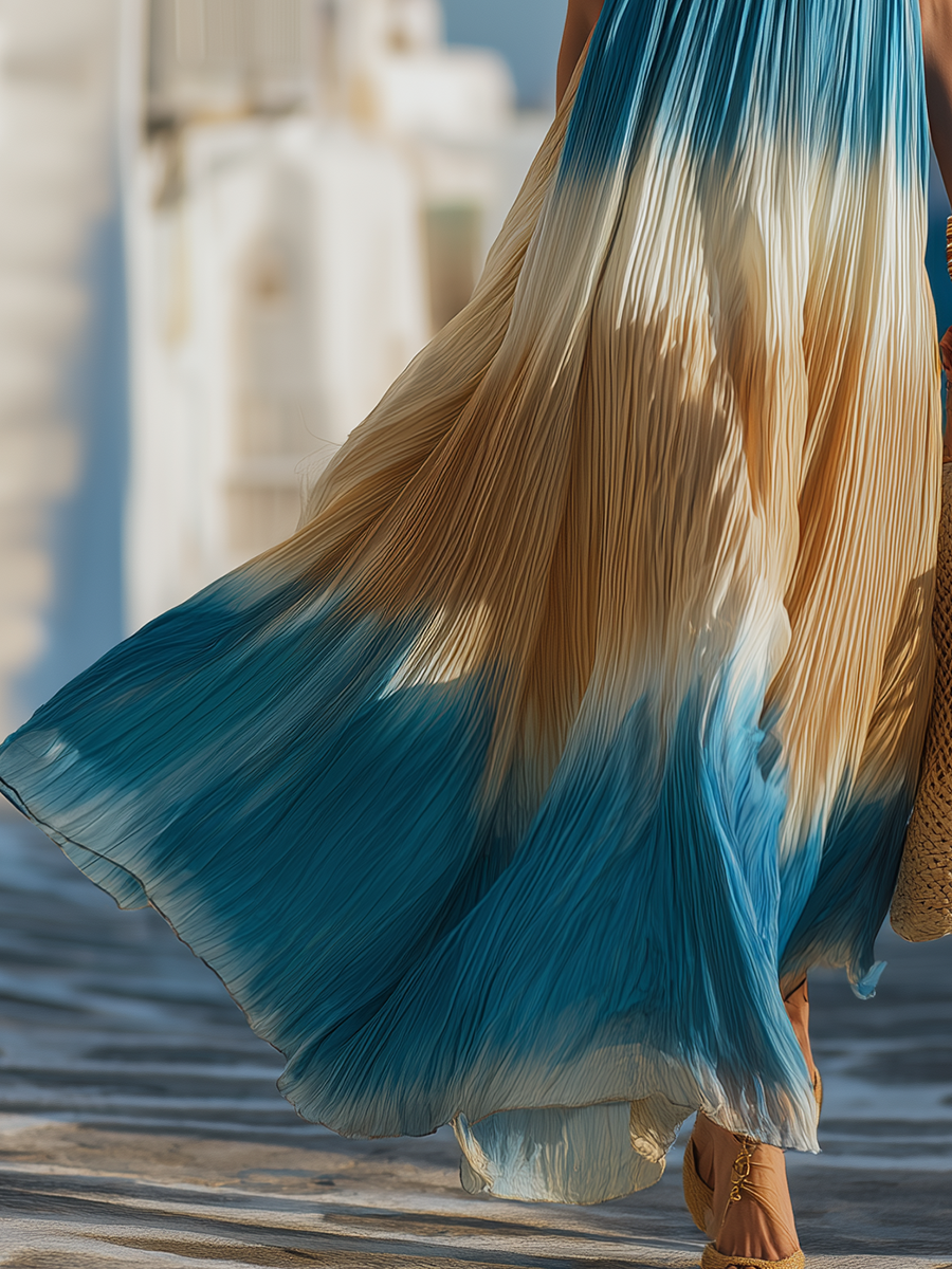 Stylish Vacation Printed Thin Straps Chiffon Pleated Maxi Dress