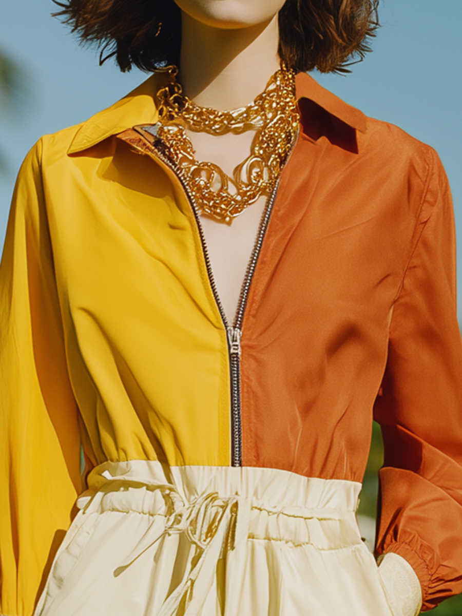 Vacation-style Color-blocked Long-sleeved Jumpsuit