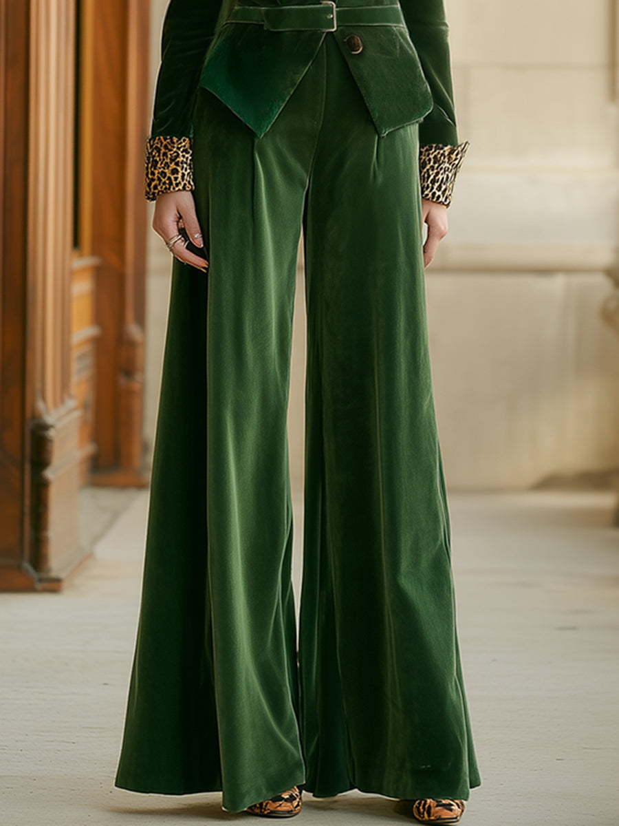 Fashionable Leopard Print Stitching Emerald Green Velvet Suit Wide-leg Floor-length Pants Suit