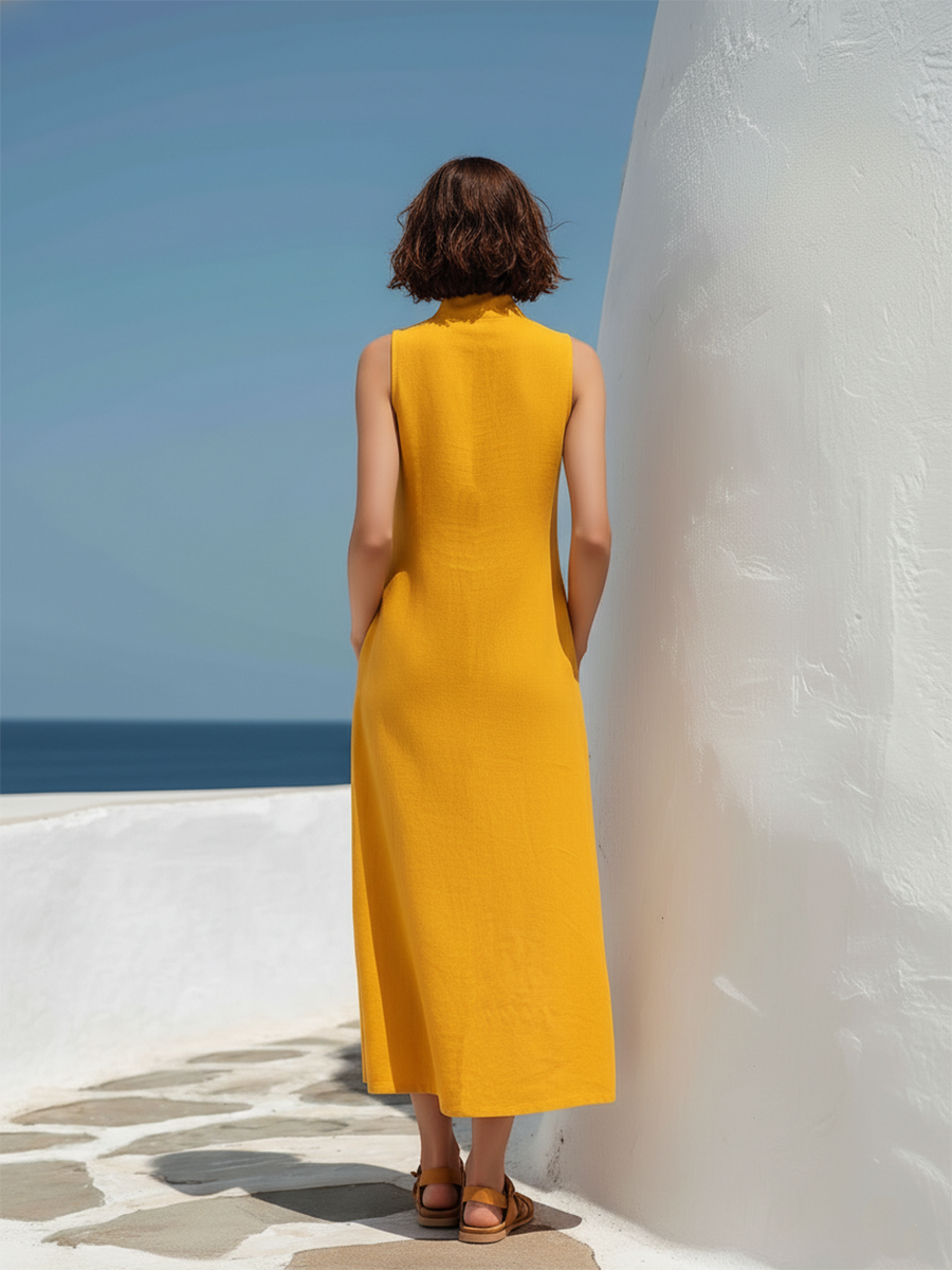 Yellow Button-down Turtleneck Sleeveless Maxi Dress