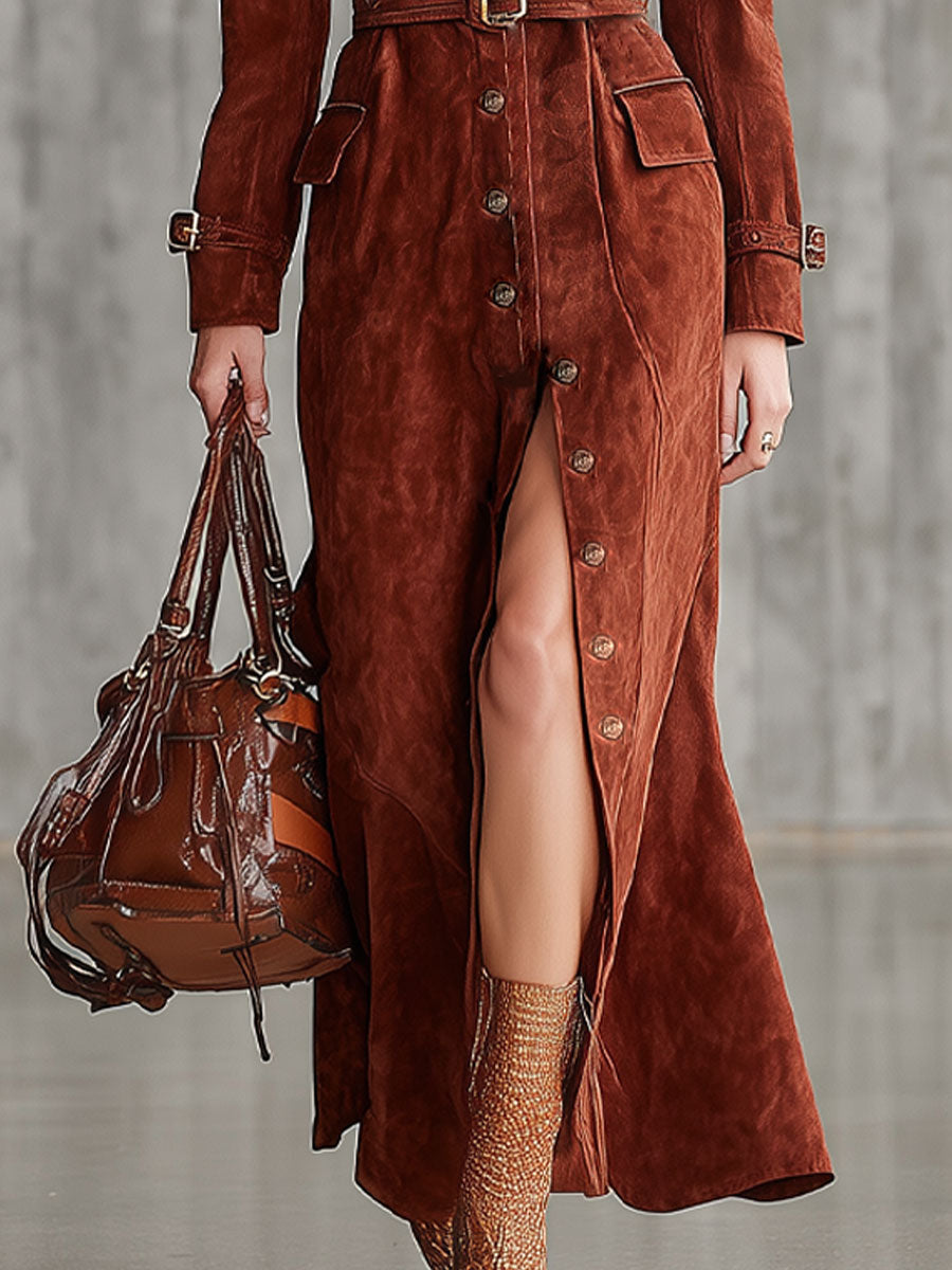 Urban Fashion Red  Brown Faux Suede Lapel Tie-Waist Trench Coat Maxi Dress