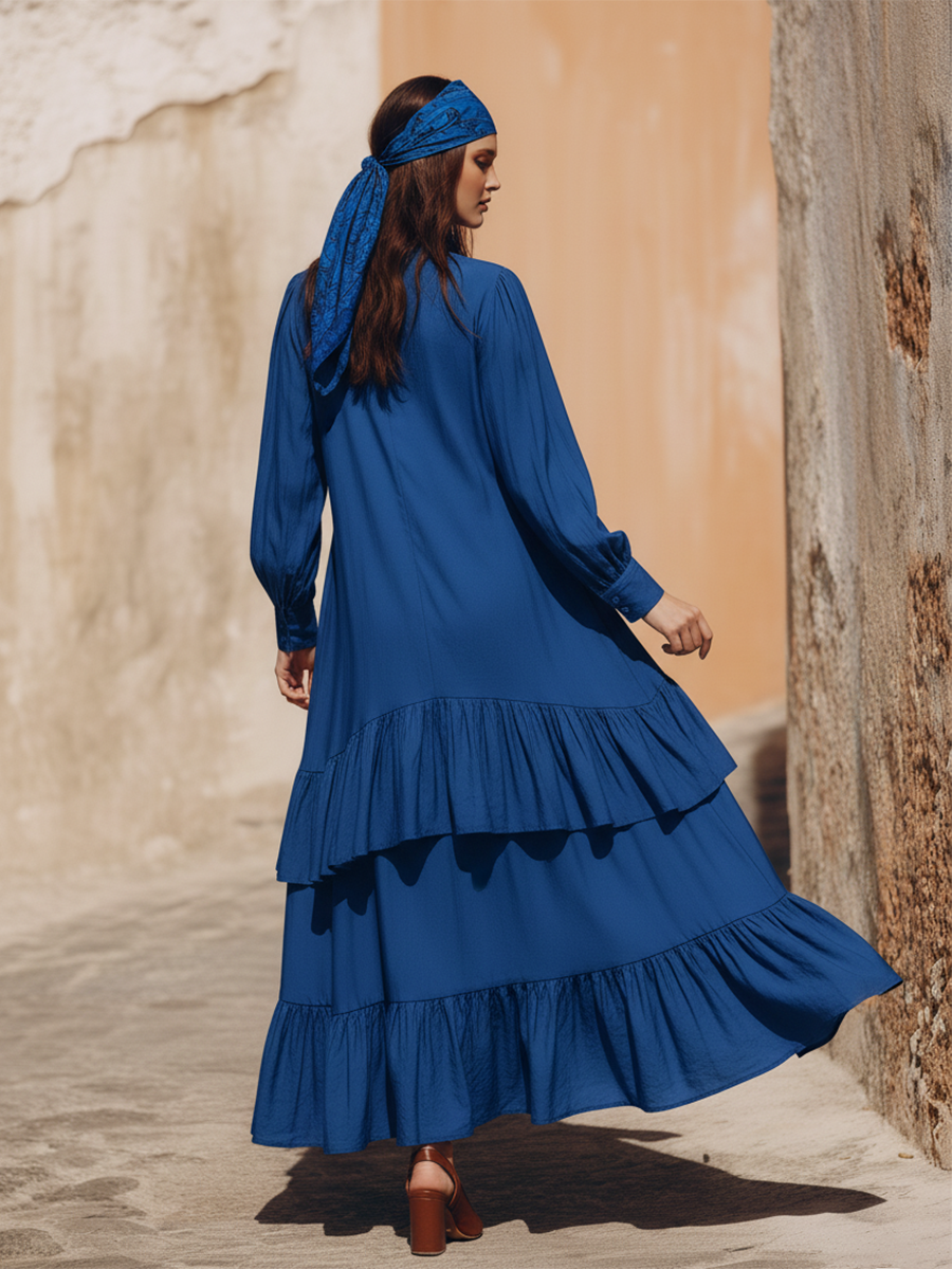 Loose-fitting Bohemian-style Ruffled Hem Royal Blue Cotton Maxi Dress