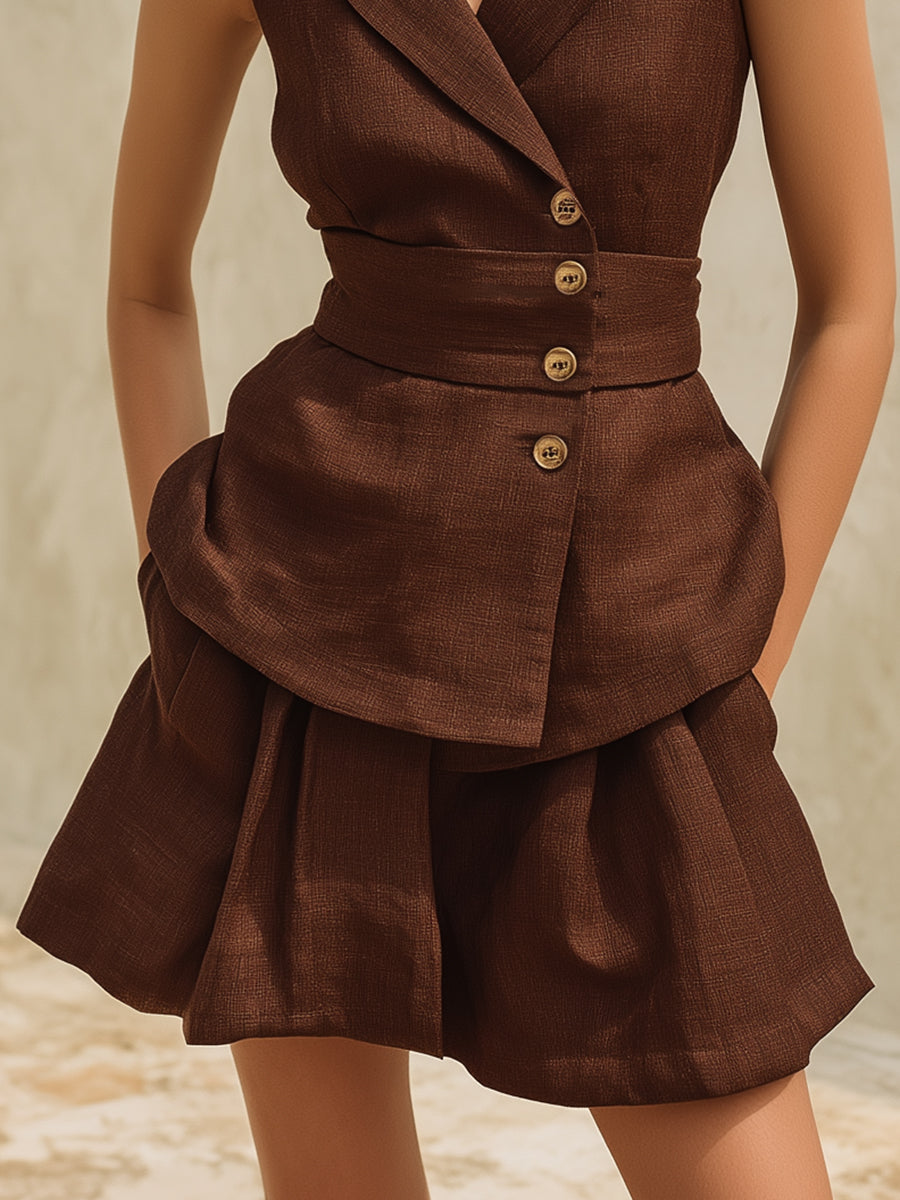 Stylish Resort Walnut Brown Buttoned Cotton Linen Vest And Shorts Set