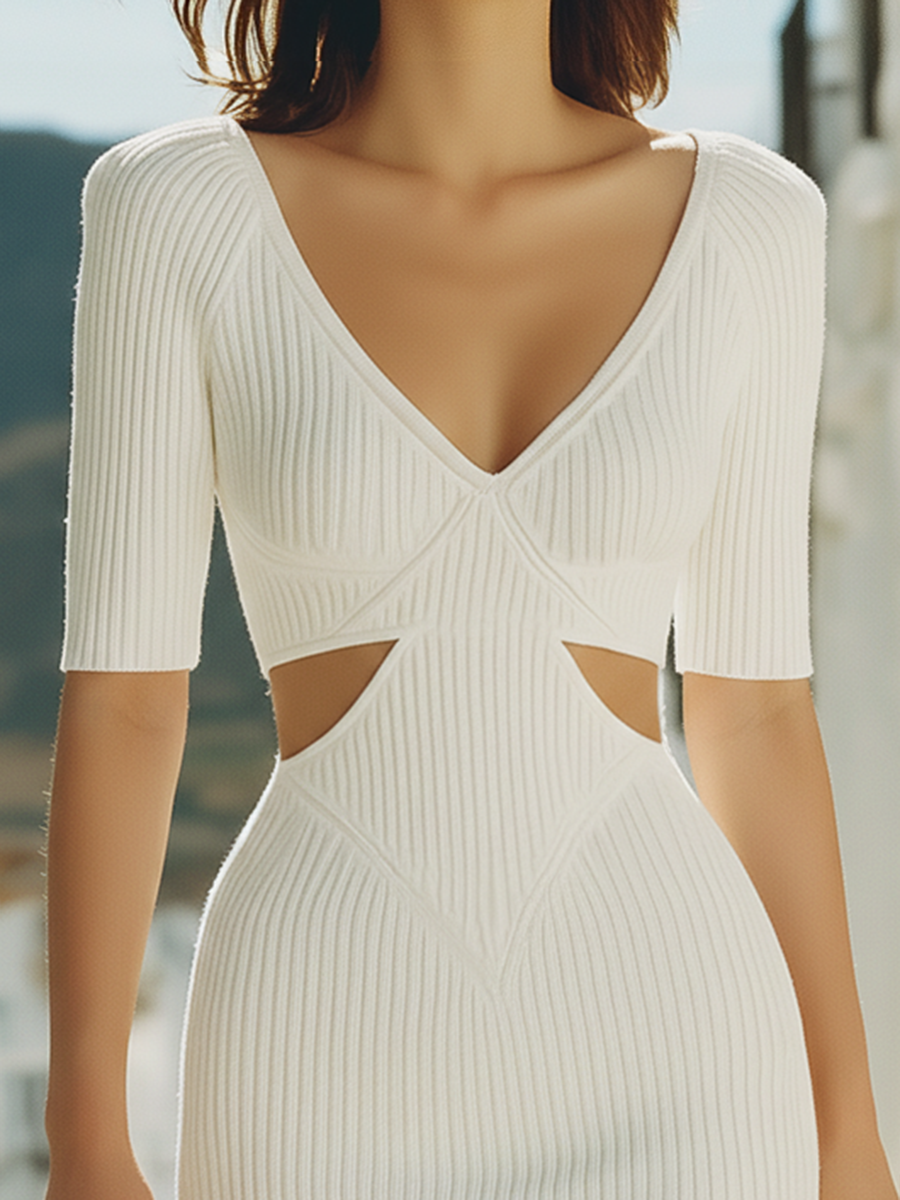 Vacation-style V-neck Hollow-out Short-sleeved Midi Dress