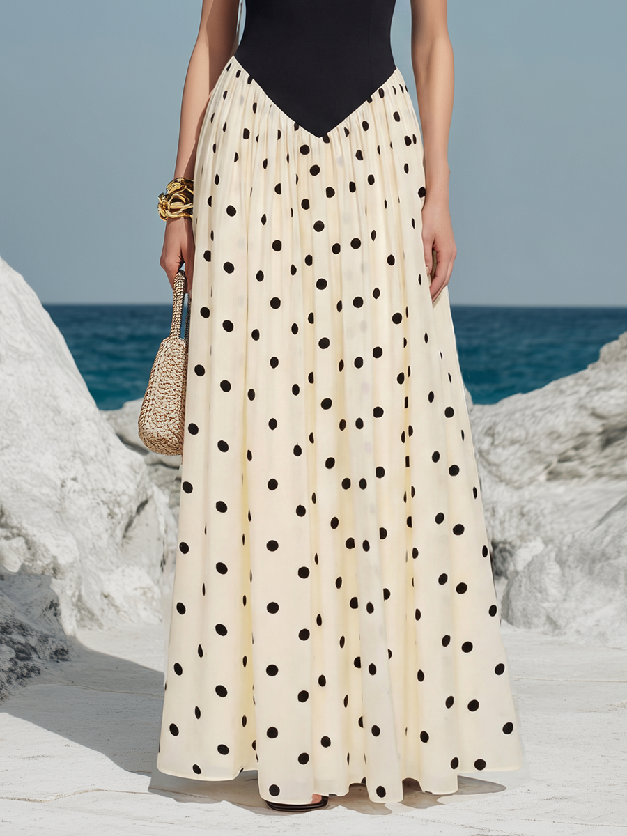 Elegant Vacation-style Black And White Polka Dot Sleeveless Maxi Dress