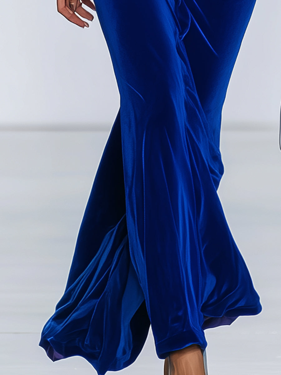 Elegant Blue Velvet Splicing Mesh Round Neck Maxi Dress
